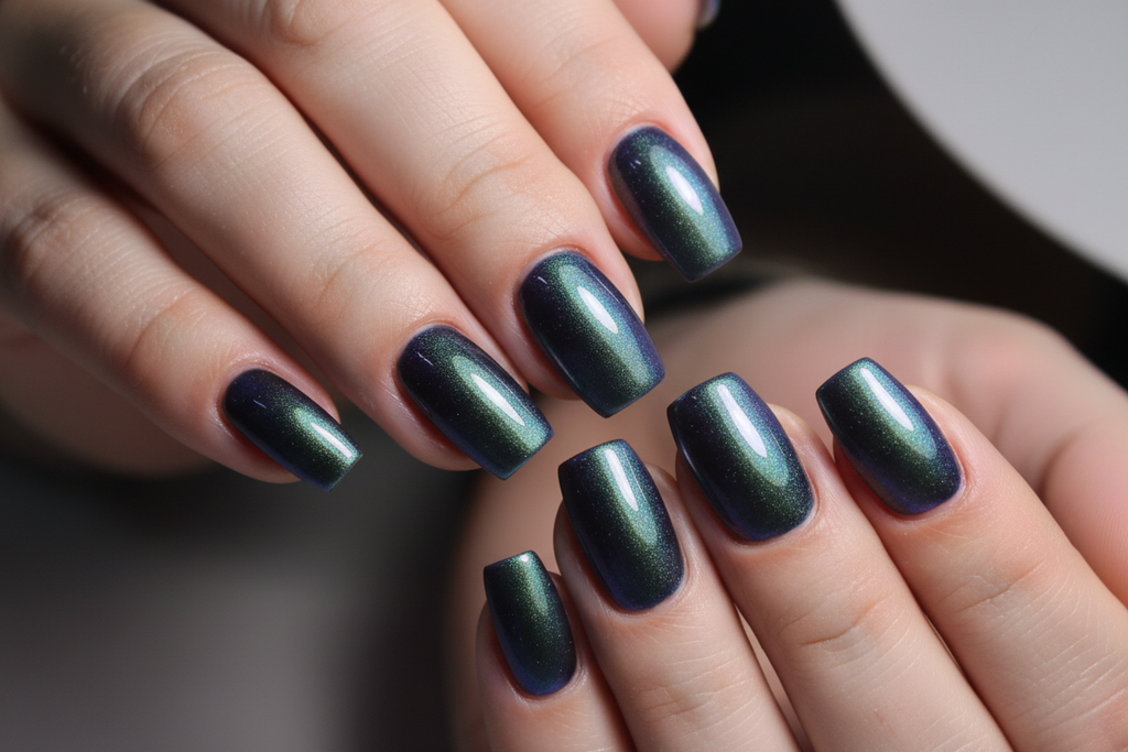 Glass-like SNS finish on squoval nails