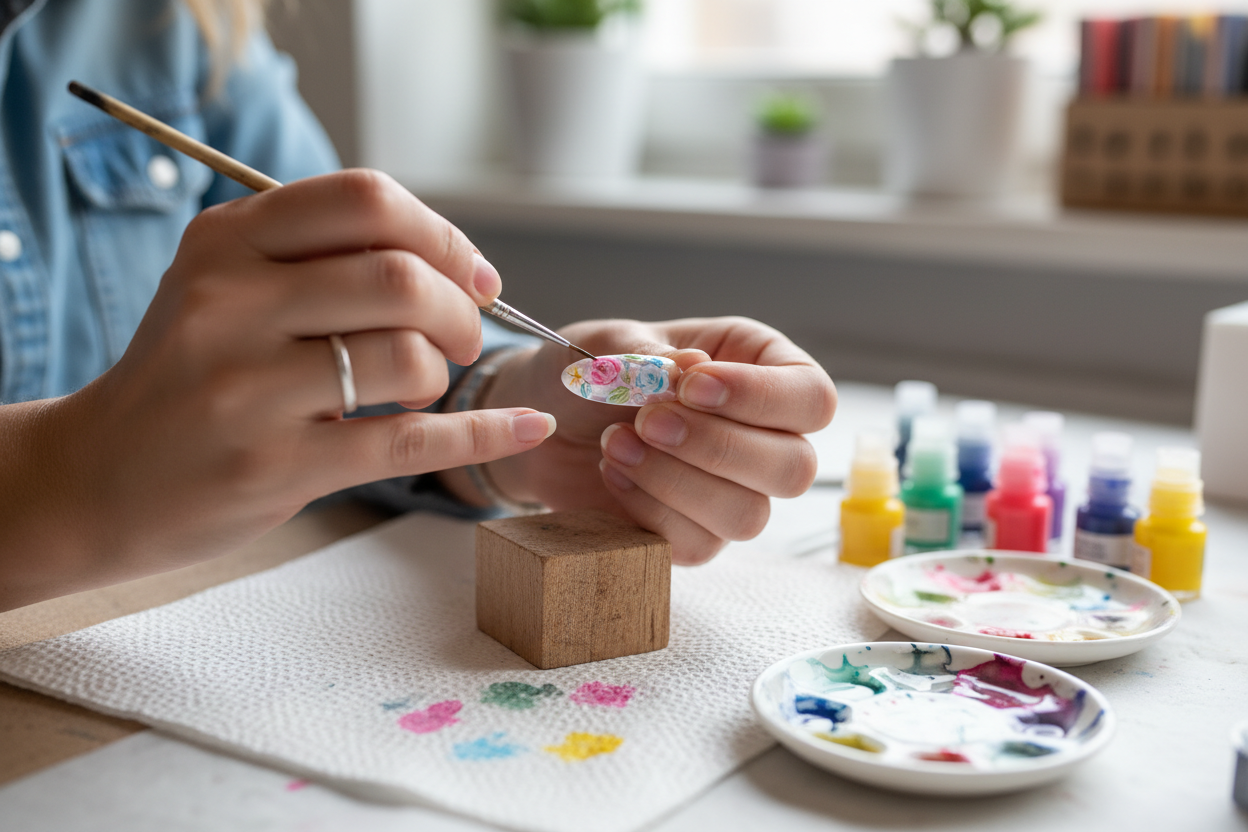 Artist painting miniature watercolor florals