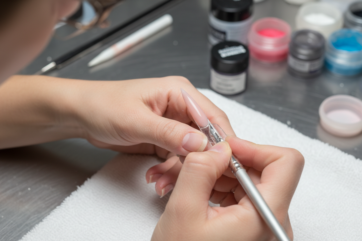 Technician sculpting long acrylic extensions