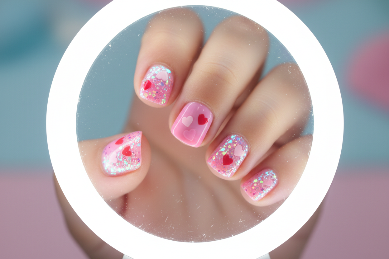 Tiny fingernails with heart decals and glitter