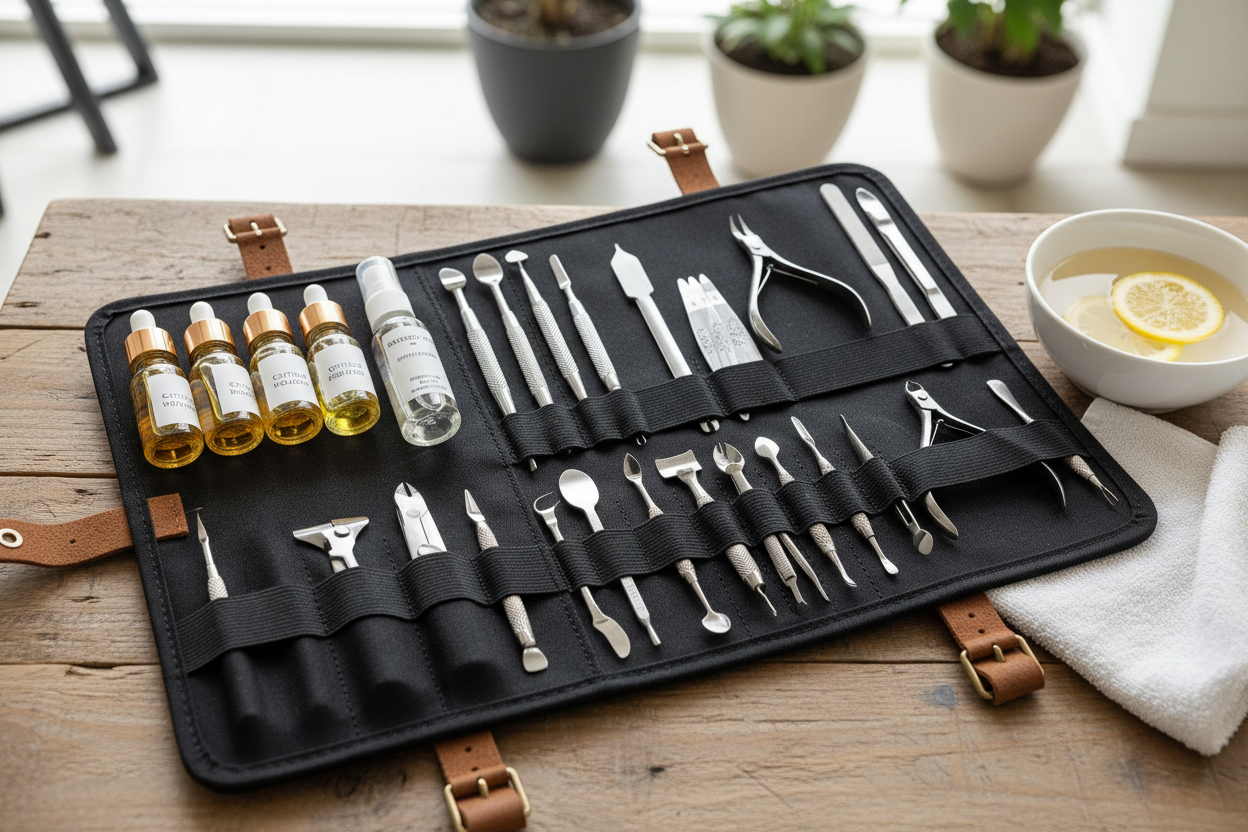 Complete cuticle tool roll with oils