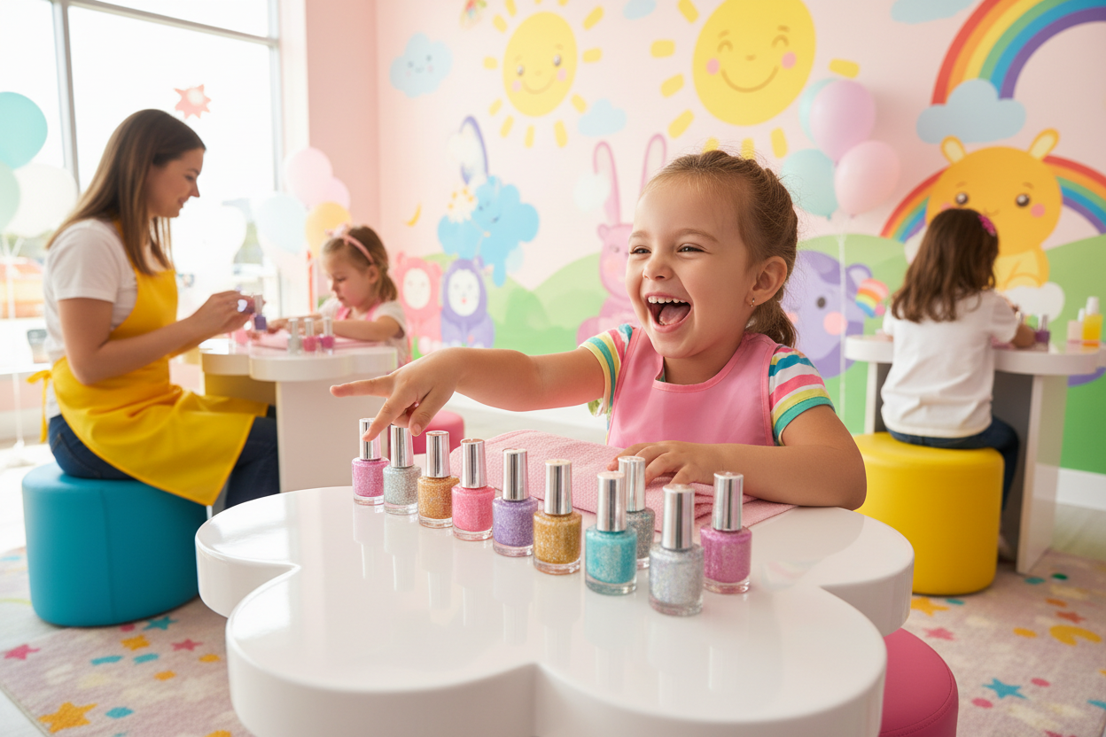 Young girl choosing sparkle polish colors