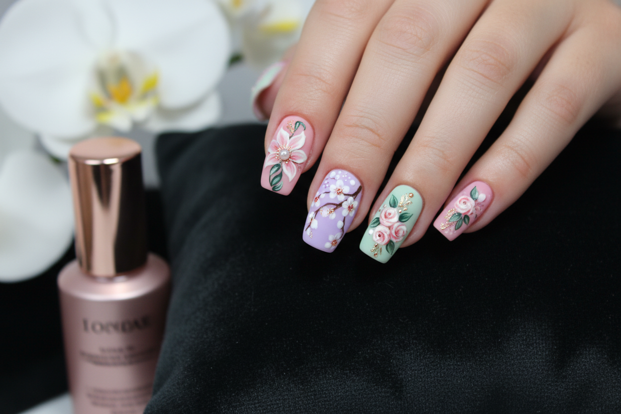 Squoval Gel-X with floral accents