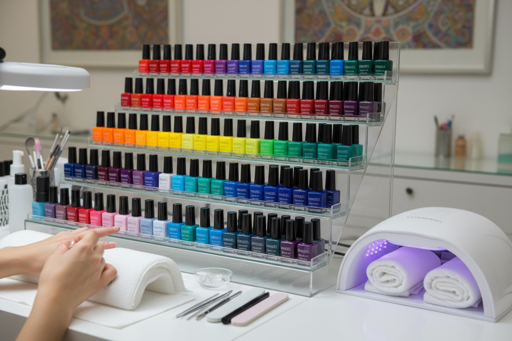 Vibrant gel color bottles on manicure station
