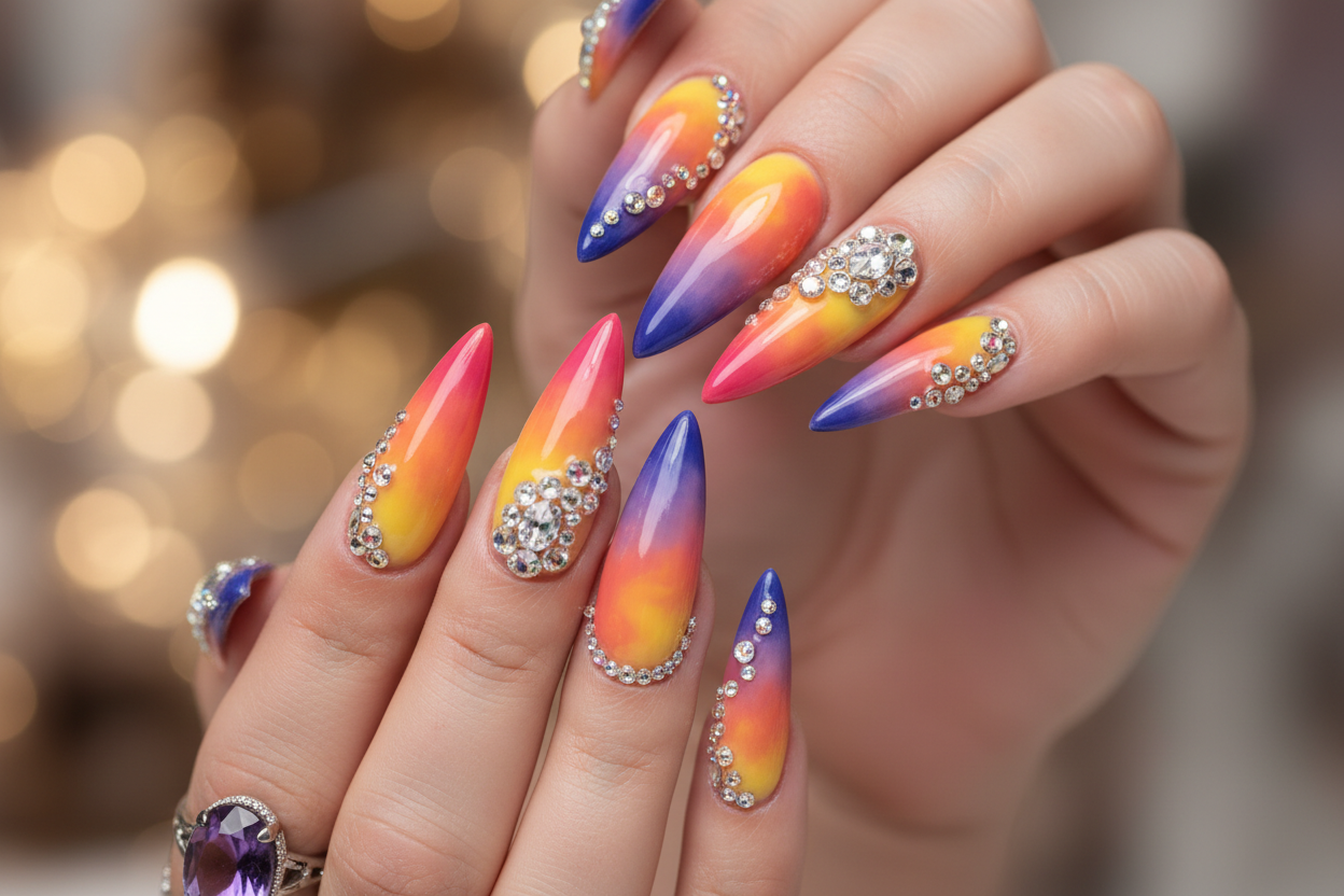 Stiletto nails with sunset ombre and crystals