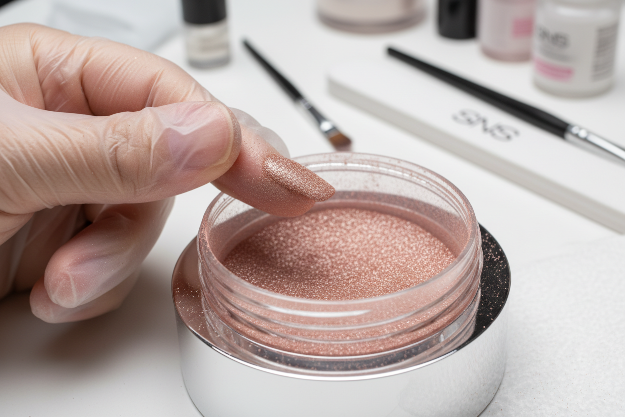 SNS powder dipping into rose gold container