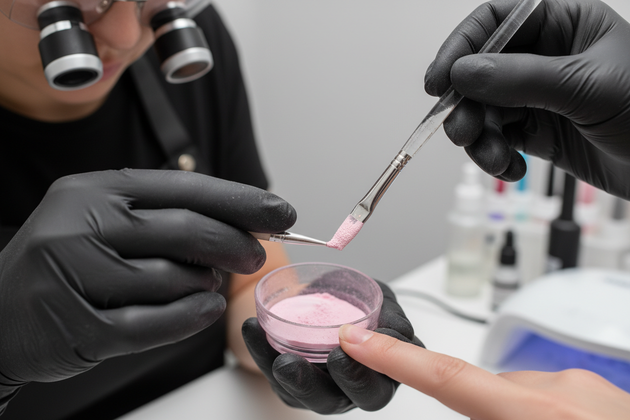 Acrylic brush dipping into pink powder