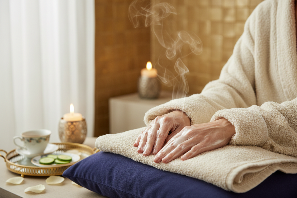 Paraffin dipped hands in warm towels