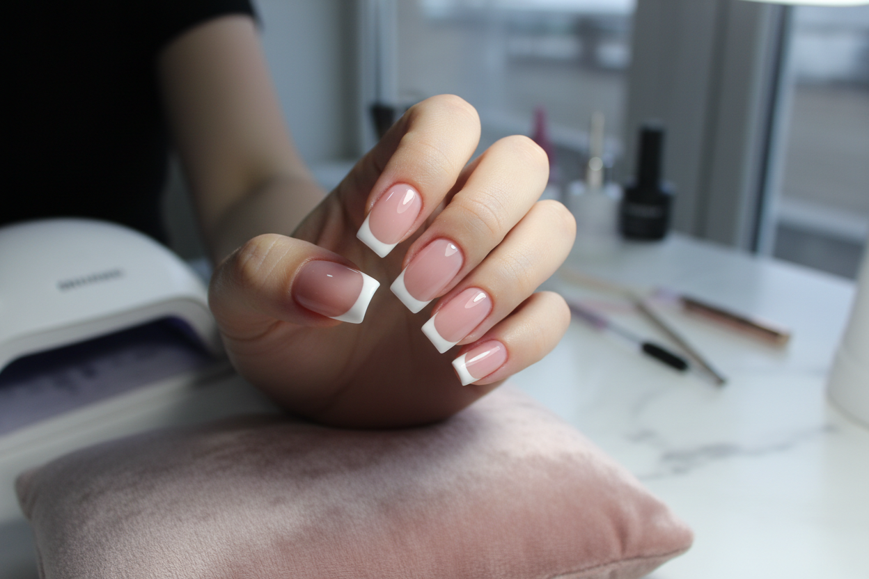 Square acrylic nails with white French tips