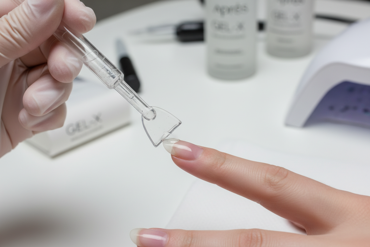 Gel-X applicator positioning soft gel tip