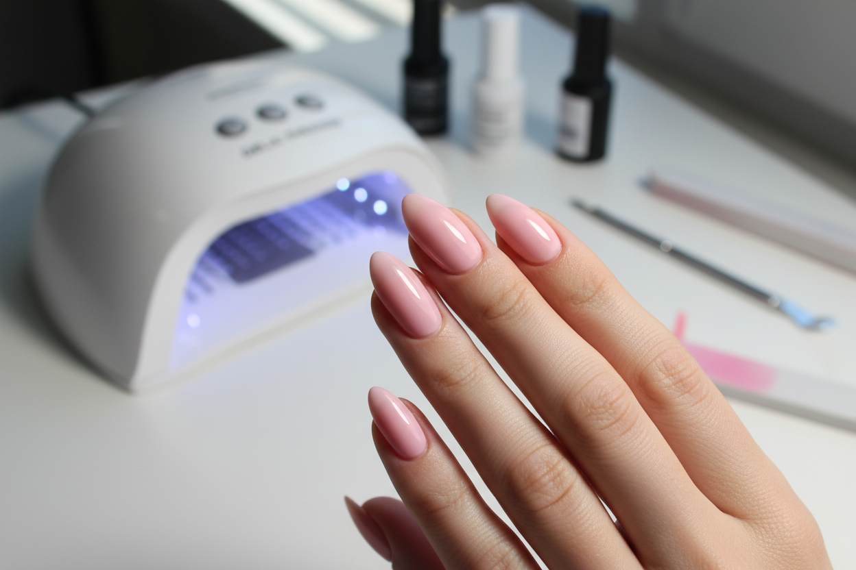 Shiny gel finish on almond nails