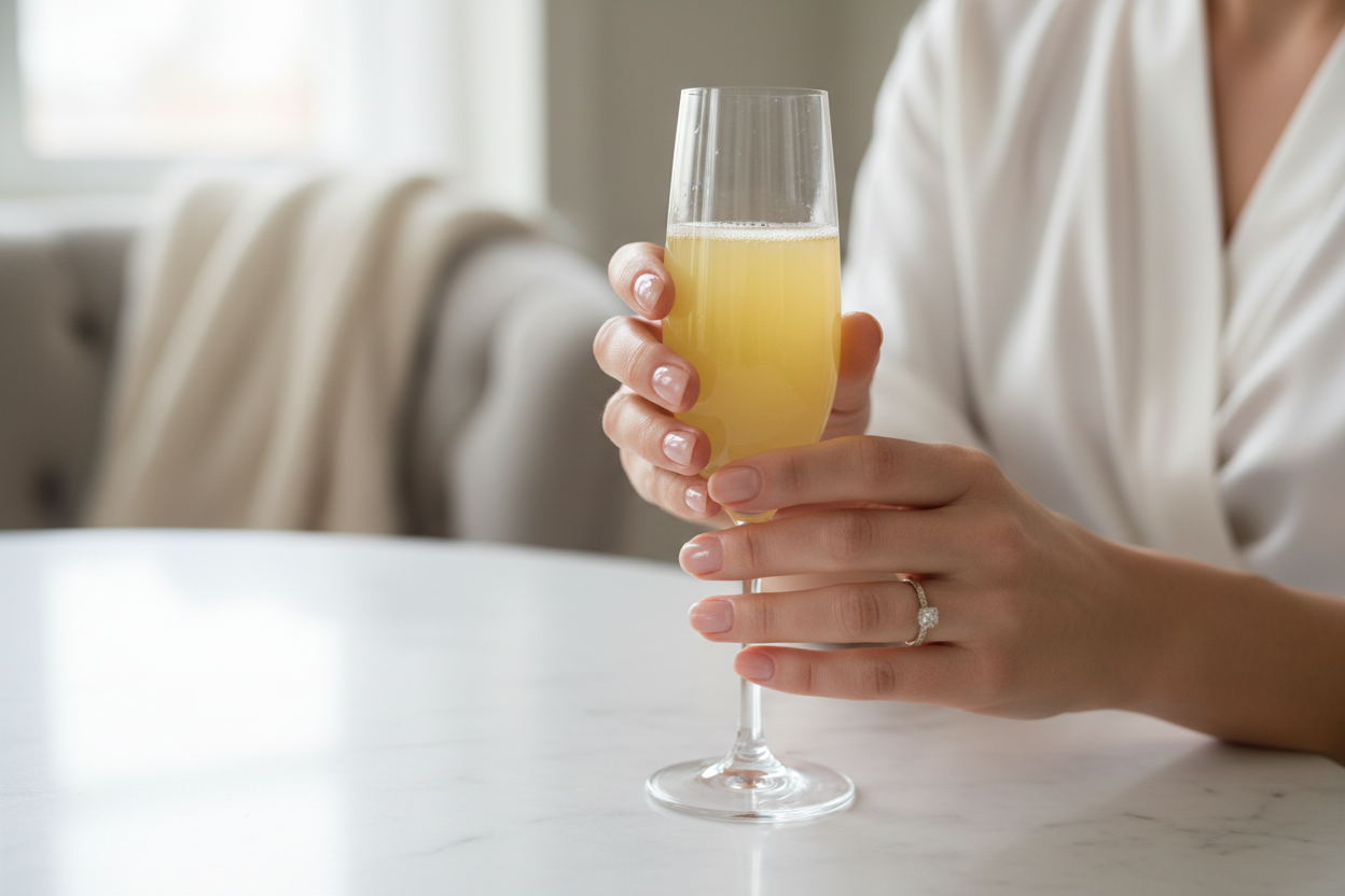 Freshly polished nude nails with mimosa glass