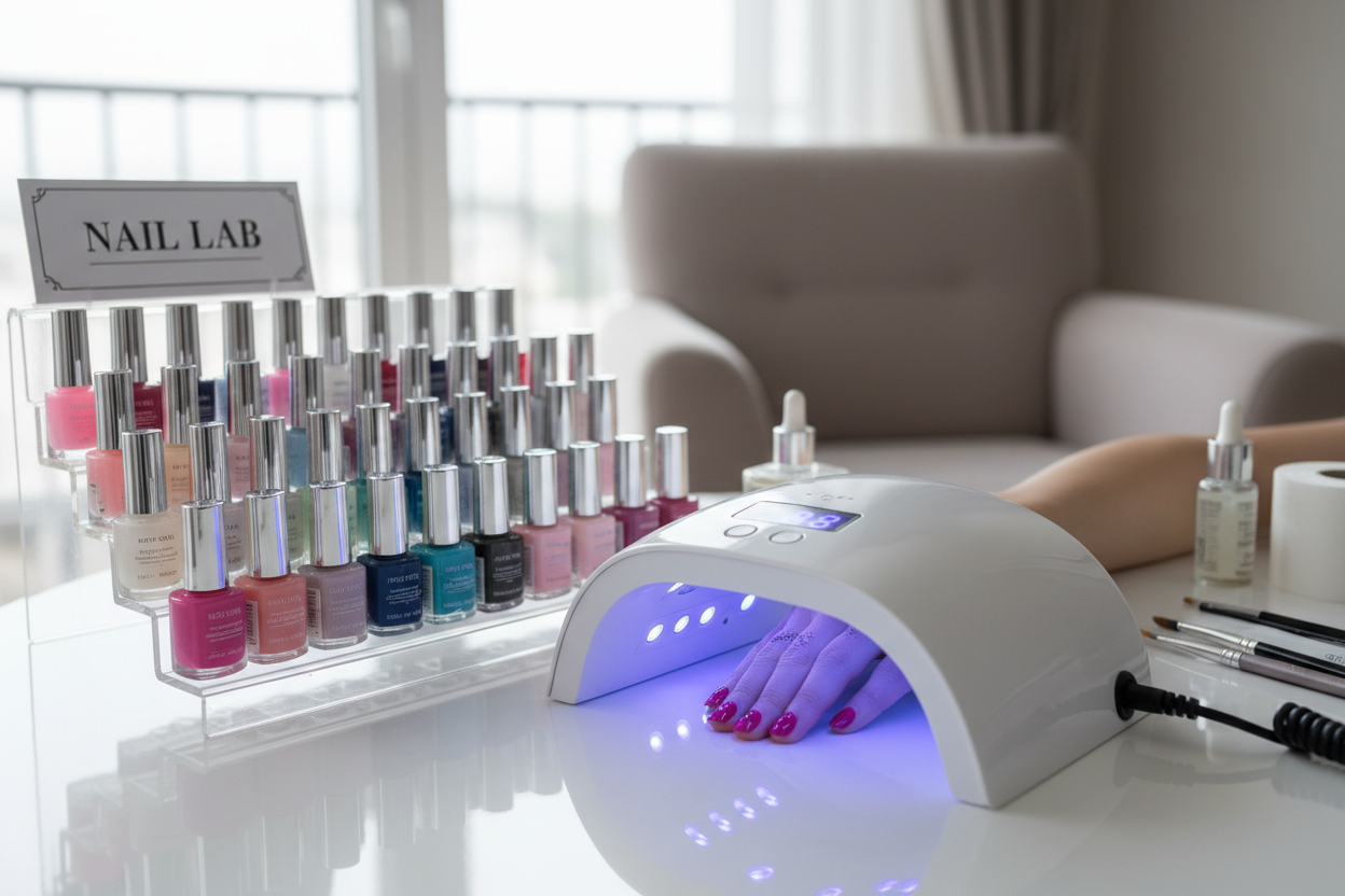 UV/LED lamp with organized gel polish bottles